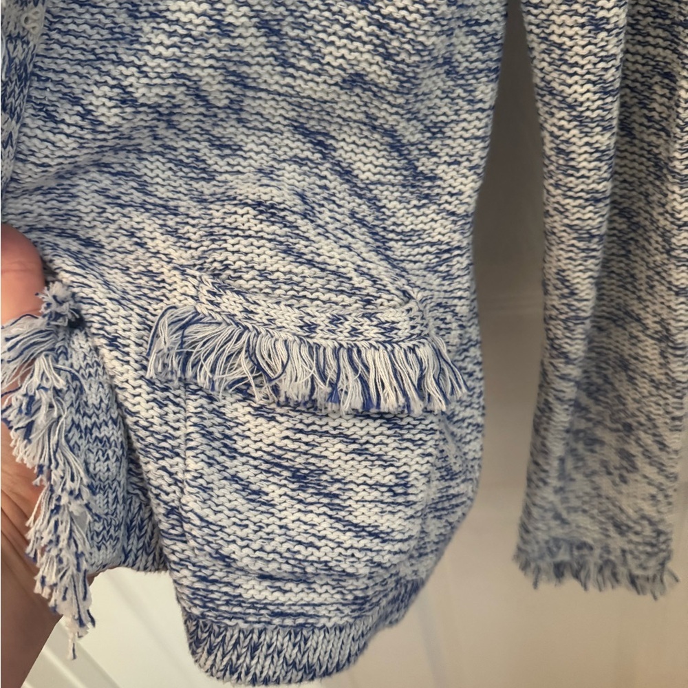 J McLaughlin Blue and White Fringed Blazer - Picture 2 of 7